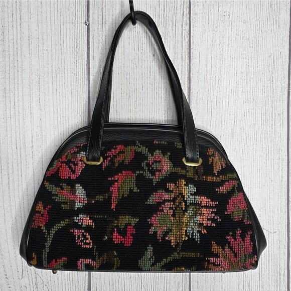 Vintage Handbags - Vintage Floral Needlepoint Tapestry Handbag Black Frame Purse